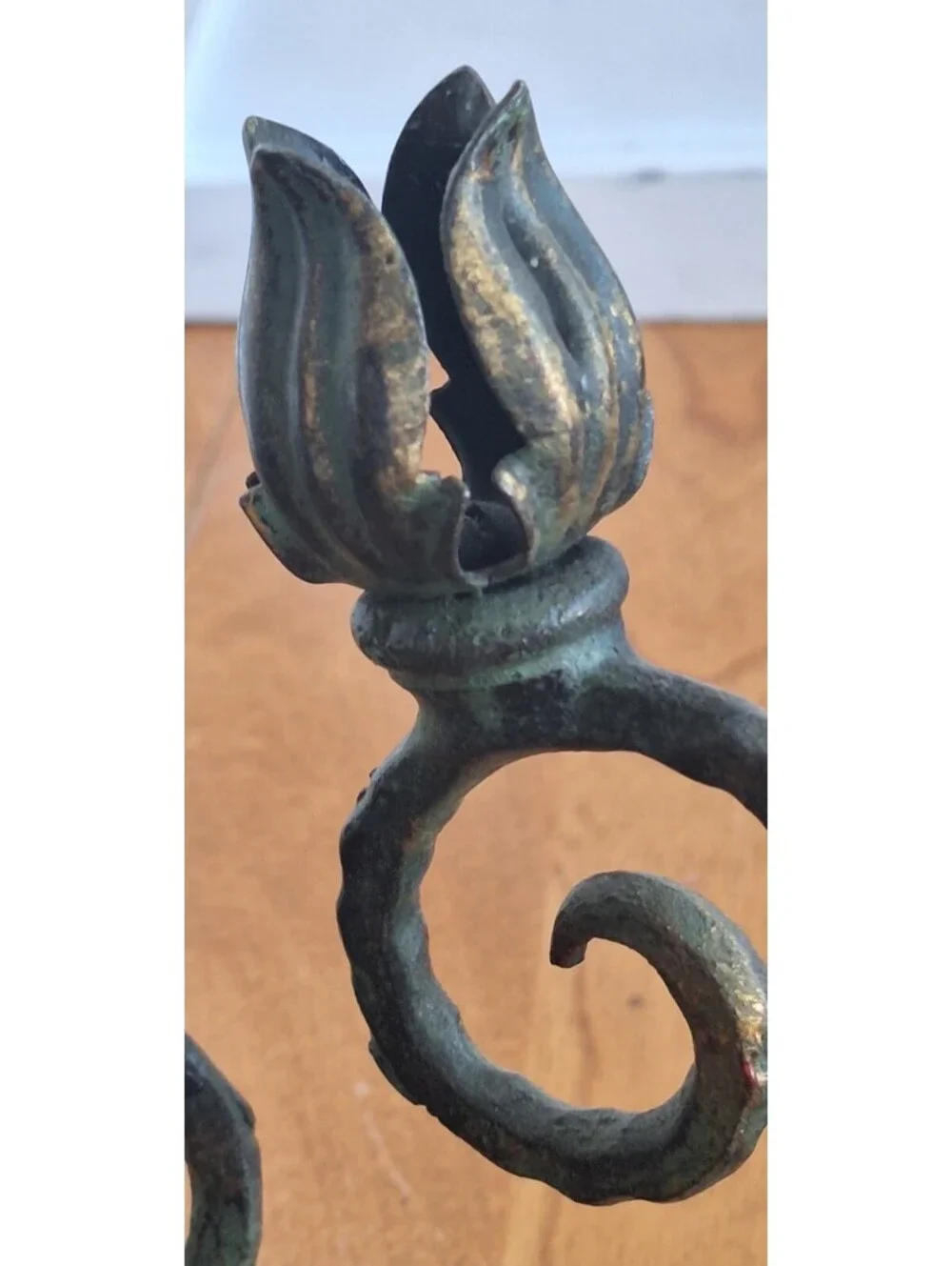 VTG Pair Brass/cast Iron Candlestick holders Tulip Buds on each Scroll Design